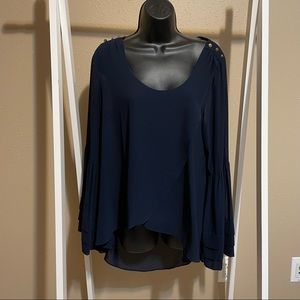 Large navy blue Double Zero sheer top with bell sleeves